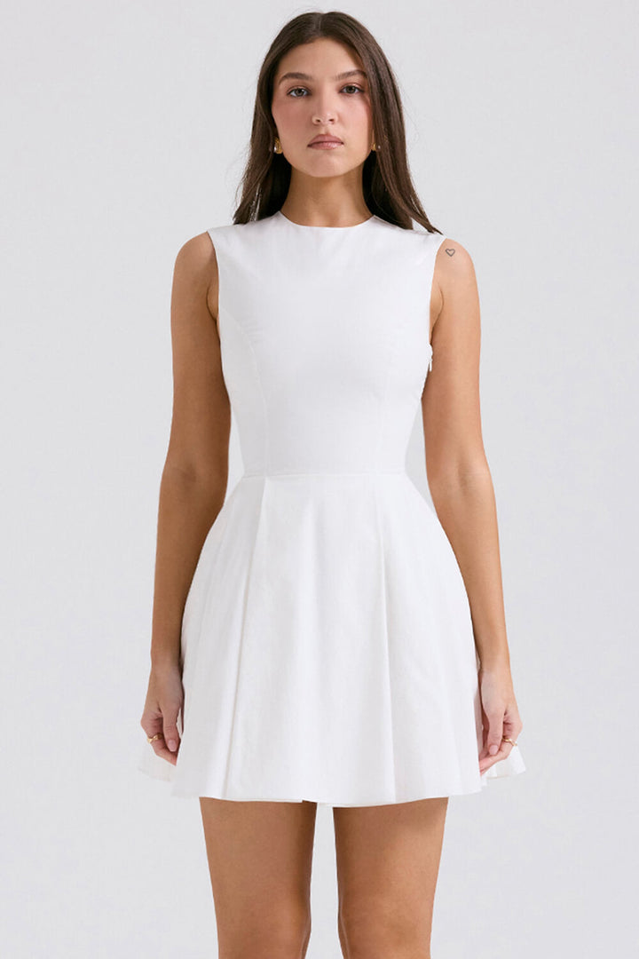 White pleated cotton mini dress