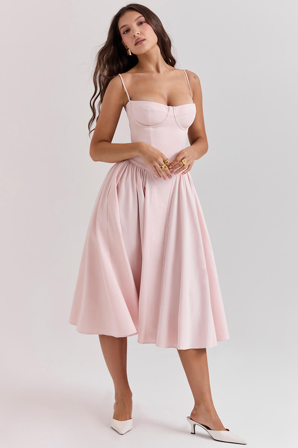 Ballerina pink twill corset midi dress