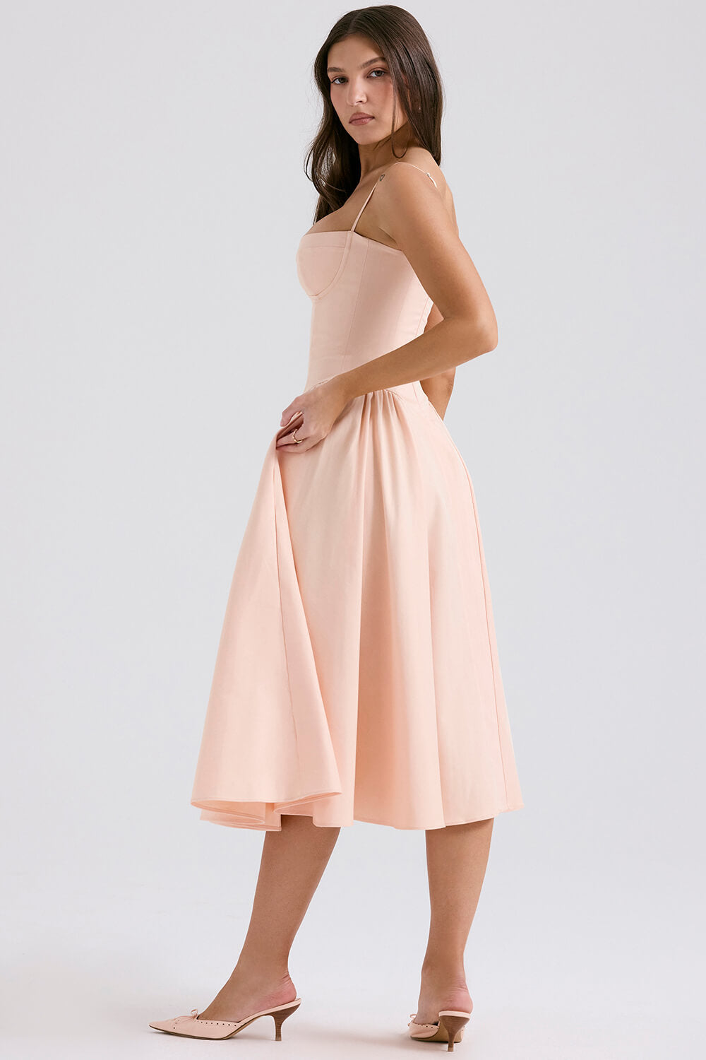 Peach parfait twill corset midi dress